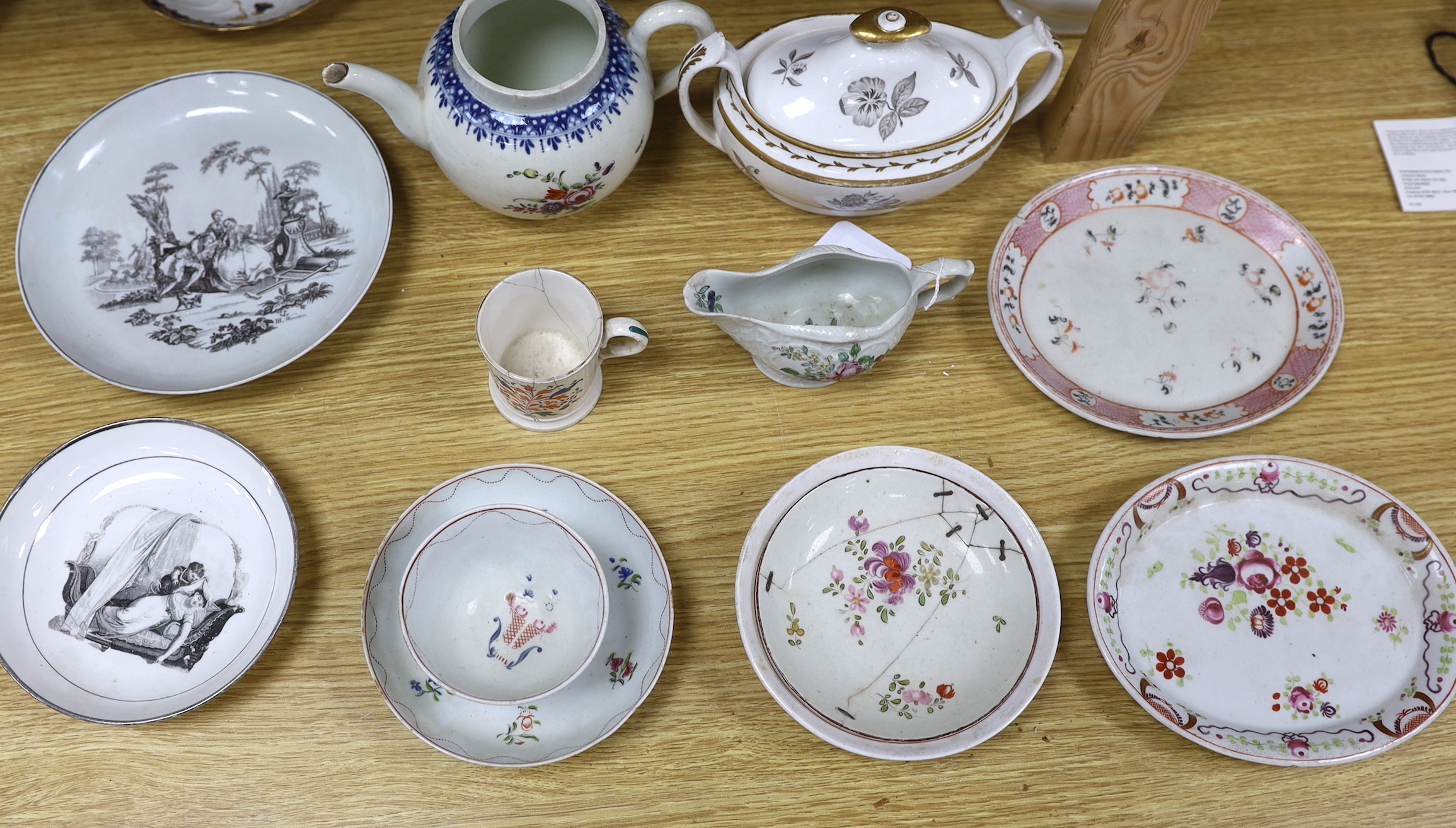 Collection of 18th century and Regency porcelain tea and coffee ware including teapots hand painted with flowers, cup and saucer with gilt decoration and a Philip Christian Liverpool sauceboat the largest 24cm wide